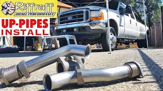 2001 F350 73  RiffRaff UpPipes Install  Stock up pipes leaking and falling apart JUNK SP [upl. by Metsky]